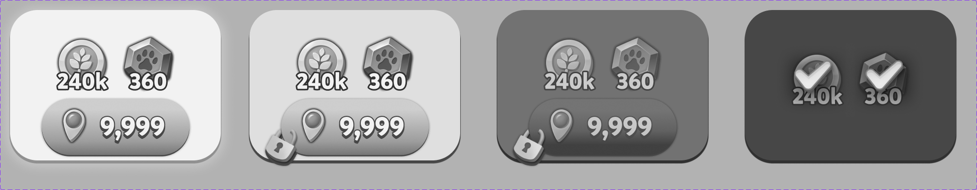 CardMedium all four states in a row: Active (brightest container, CTA unlocked), Default (near-white container, CTA lock badge), Inactive (mid-grey container, CTA locked), Completed (darkest container, SKUs show checkmark, no CTA).